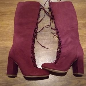 Tall Burgundy Lace-Up Heeled Boots